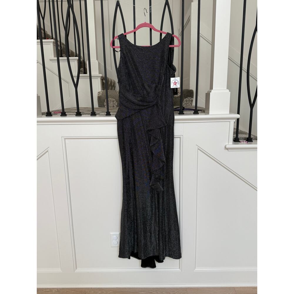 Betsy & Adam Women's Black Sleeveless Cascade-Front Glitter Gown Size 14